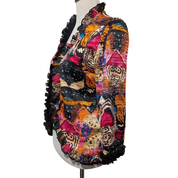 Alberto Makali Womens Size L Crinkle Abstract Butterflies Ruffle Open Front Top - Picture 3 of 9